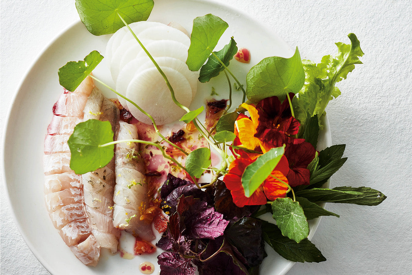 Raw Flounder, Fragrant Leaves, Herbs, Citrus Dressing