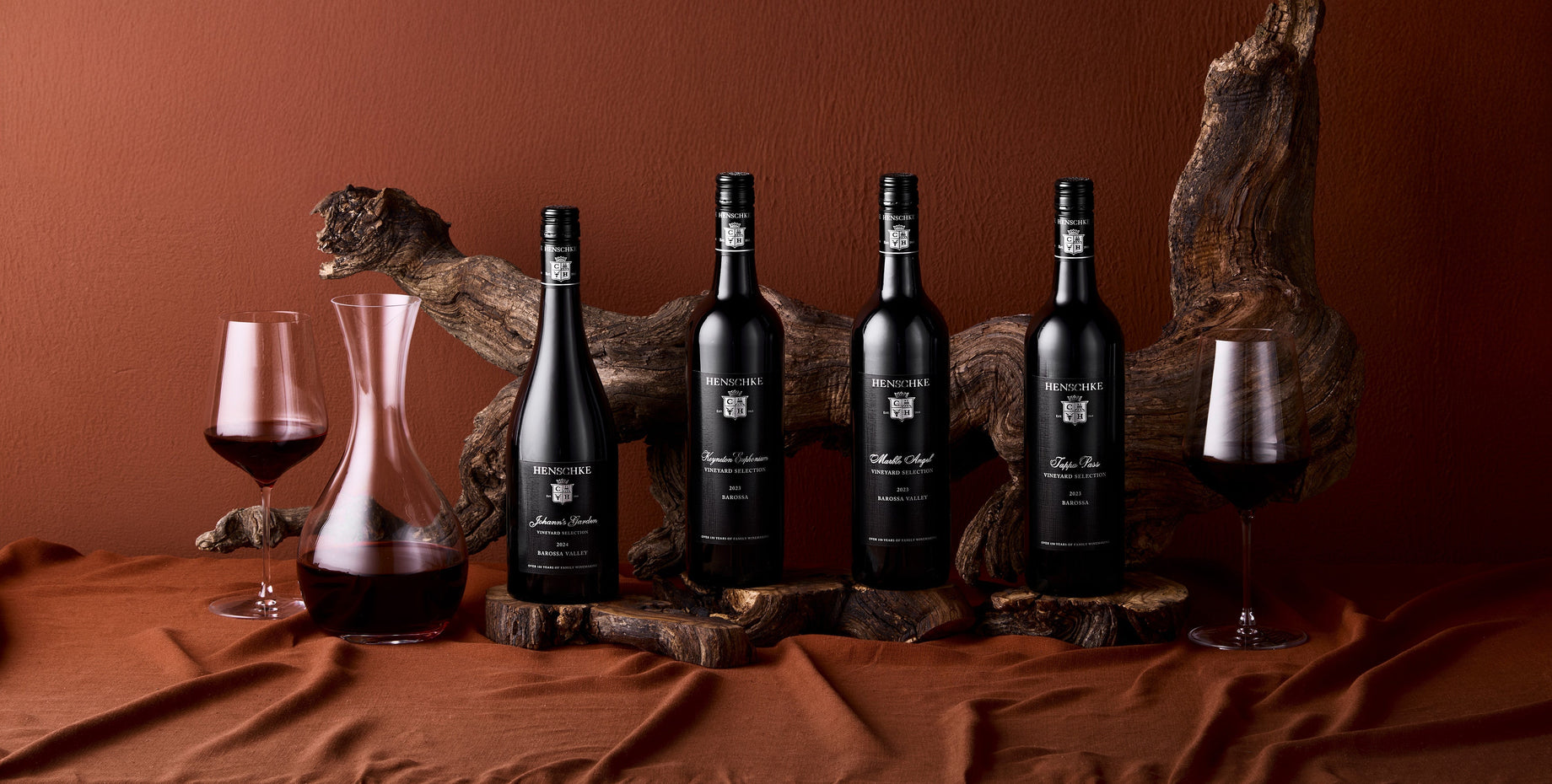 The Henschke Barossa Legacy Collection;  2024 Johann’s Garden, 2023 Keyneton Euphonium,  2023 Tappa Pass and 2023 Marble Angel