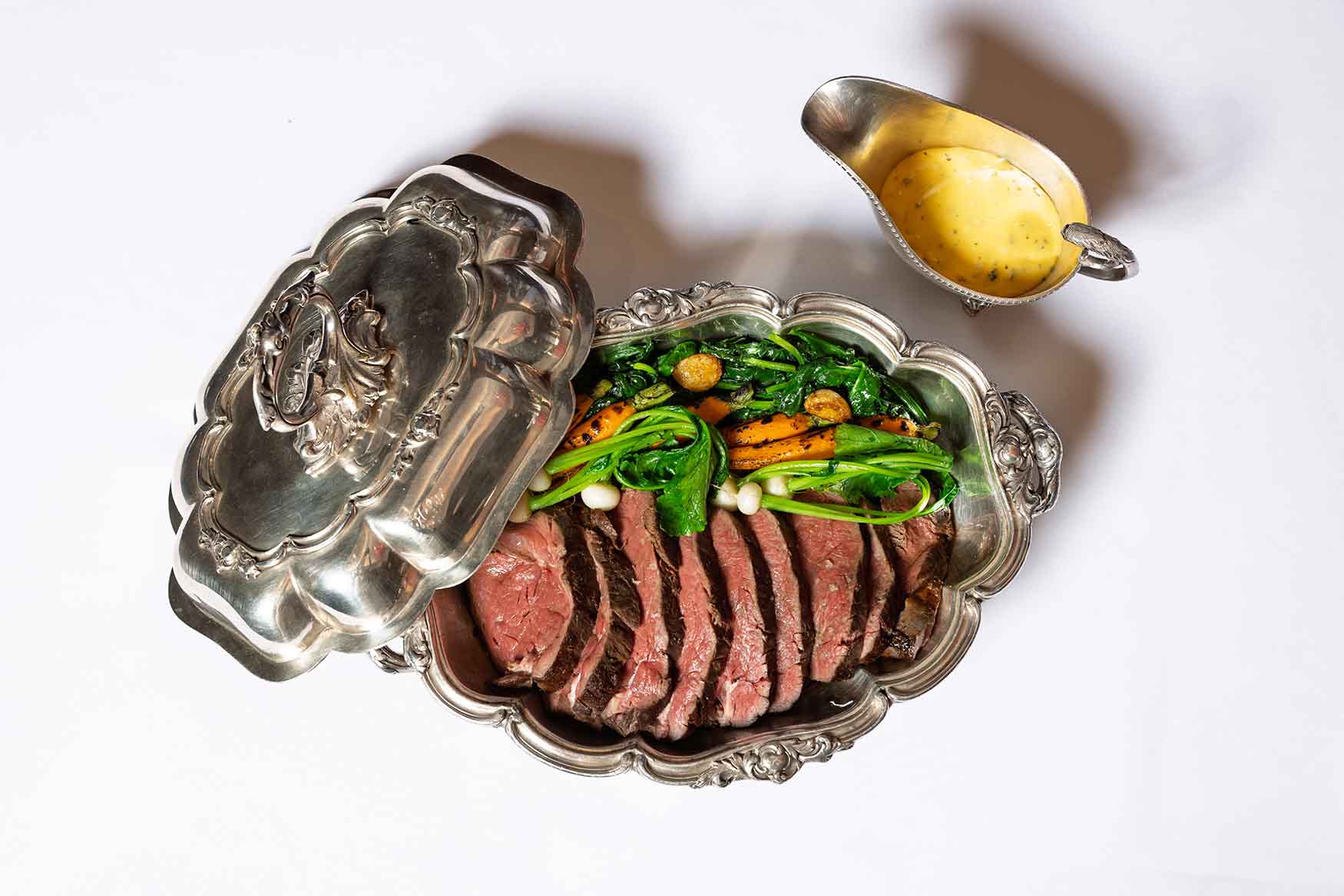 Chateaubriand Roast, Baby Carrots, Turnips, Buttered Spinach, Béarnaise, Jus