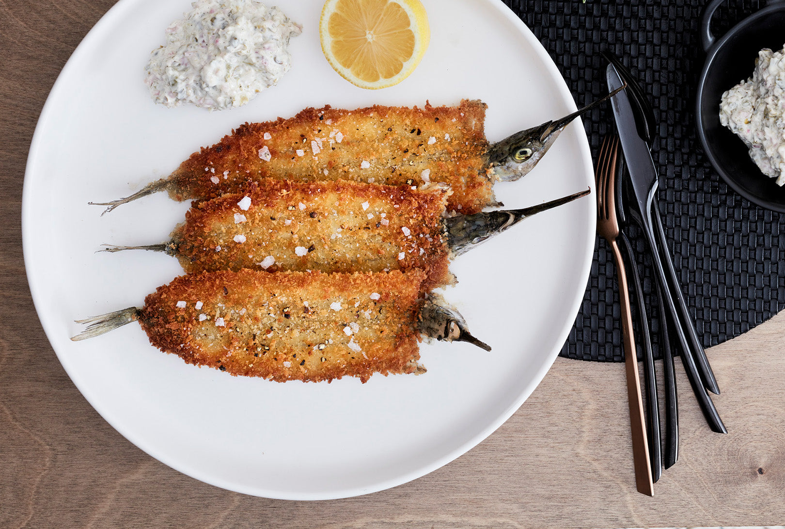 Crumbed Garfish, Yoghurt Tartare, Herb Salad
