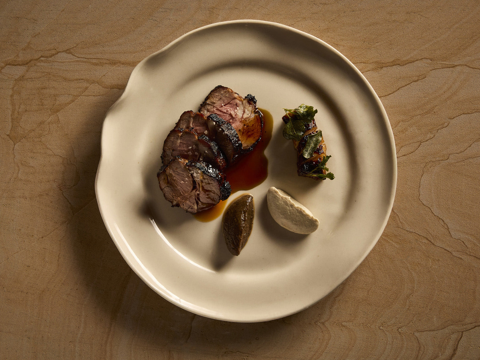 Glazed Margra Lamb, Burnt Eggplant, Tahini, Lamb Bordelaise