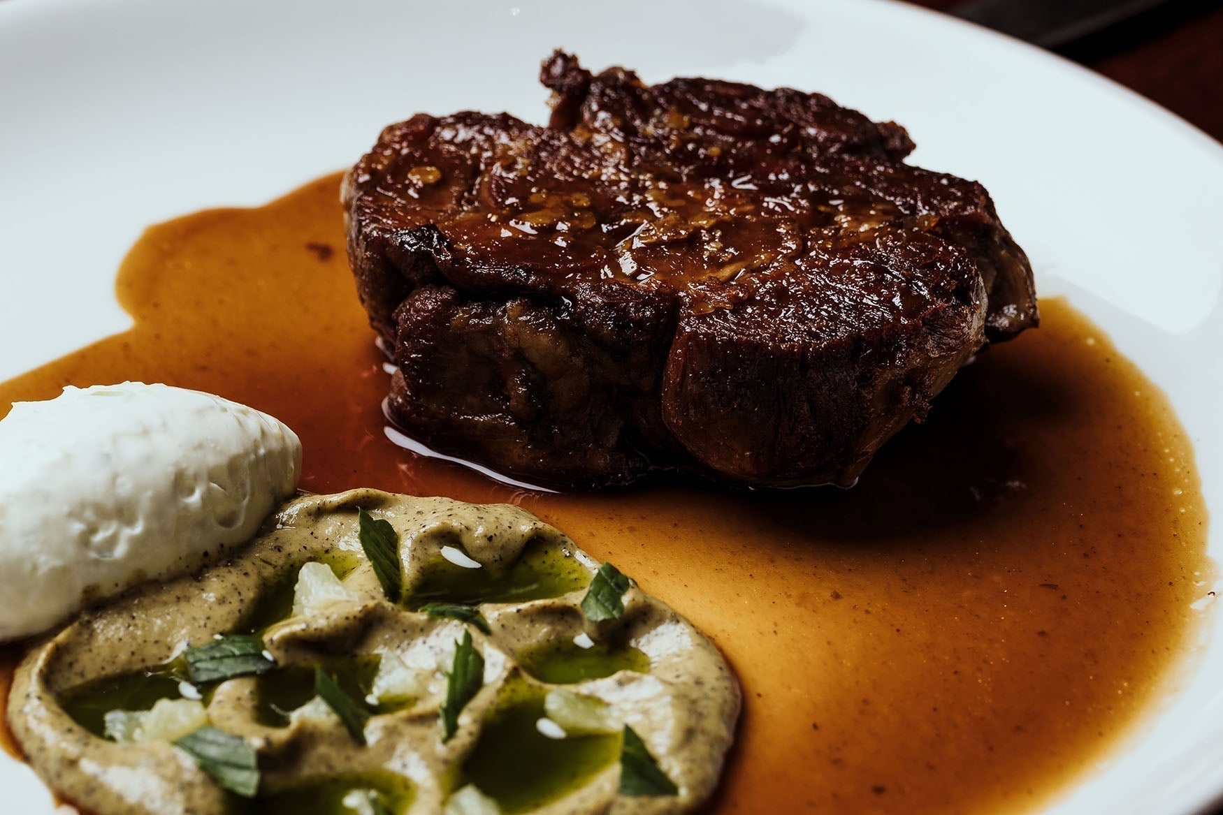 Lamb Shoulder, Charred Zucchini Purée, Labneh