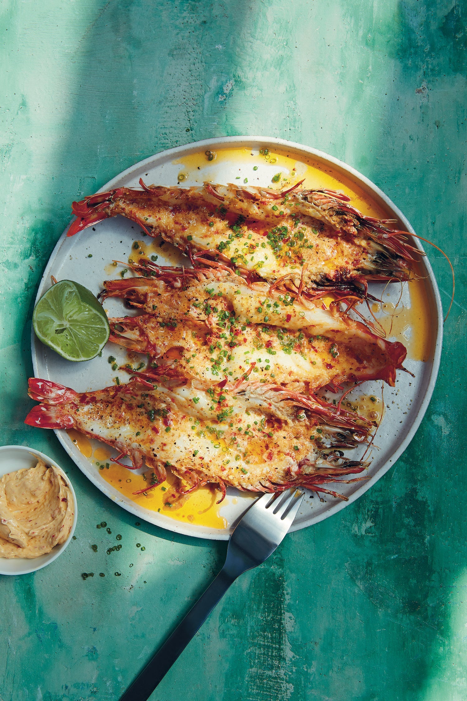 Split and Roast Skull Island King Prawns, Spicy Butter
