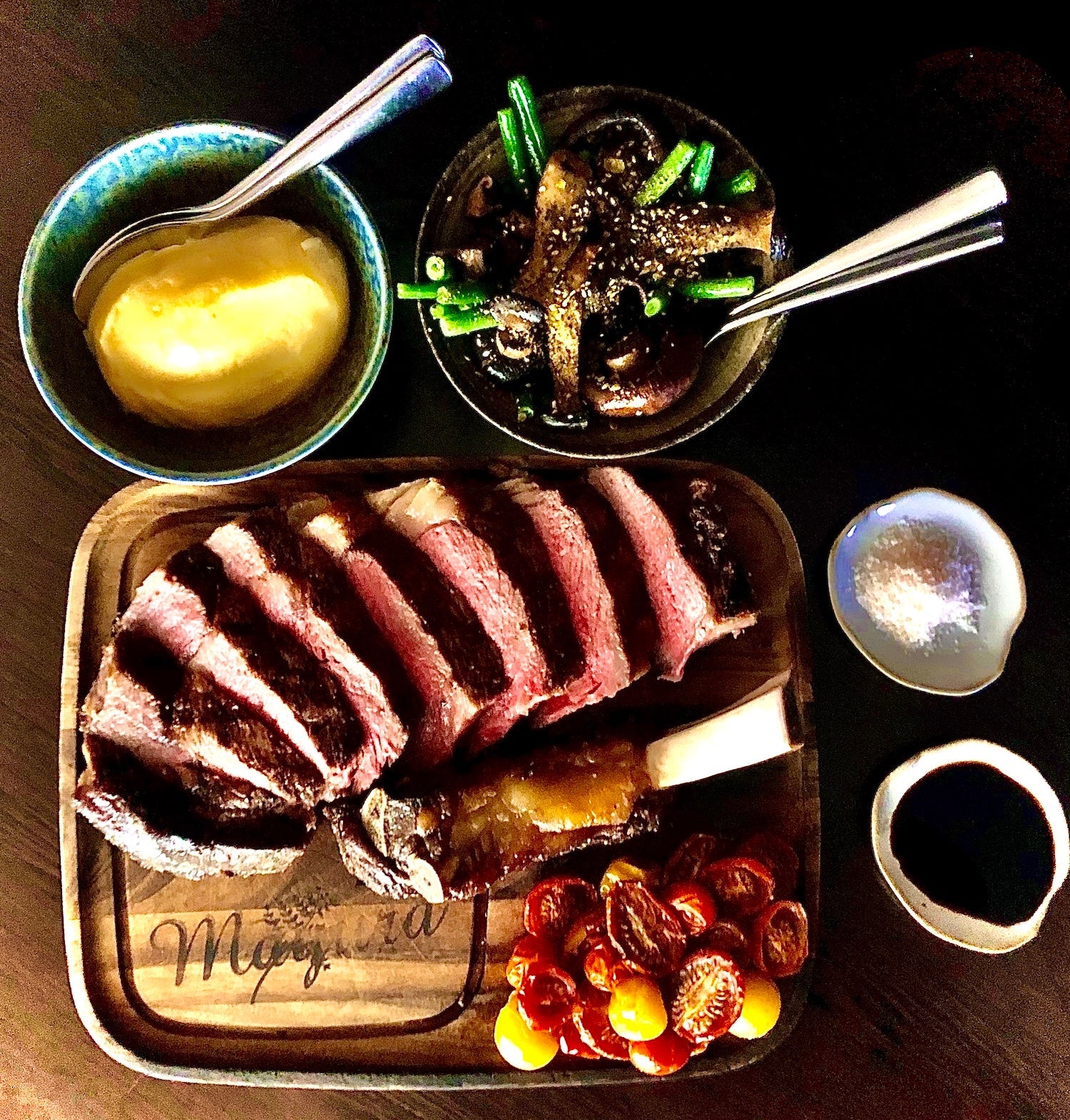 Mayura Signature Rib Eye, Smoked Potato Purée, Mushrooms, Beans, Cherry Tomatoes, Furikake