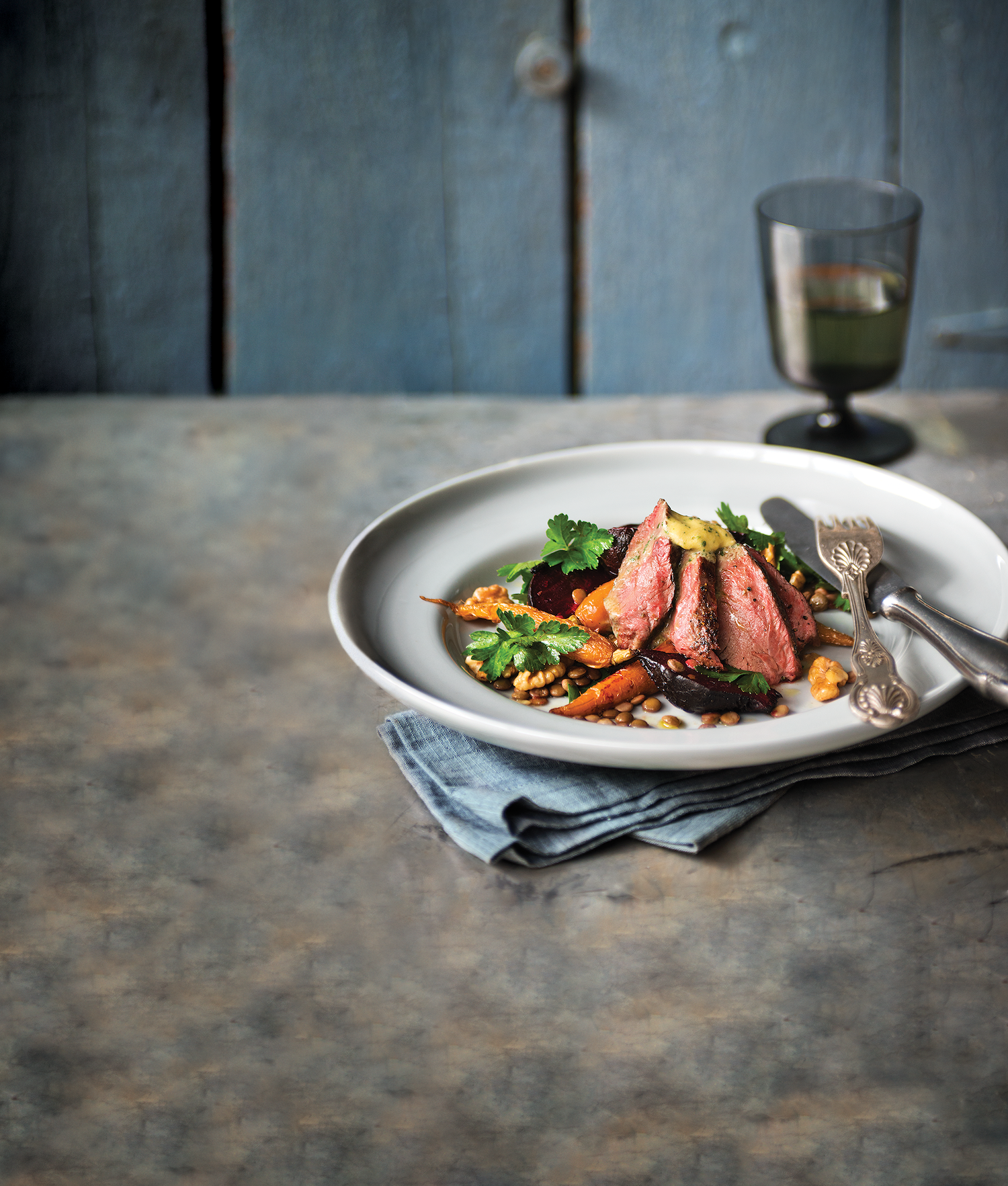 Paroo Kangaroo Fillet, Anchovy Butter, Roasted Baby Carrot, Beetroot, Walnut Salad
