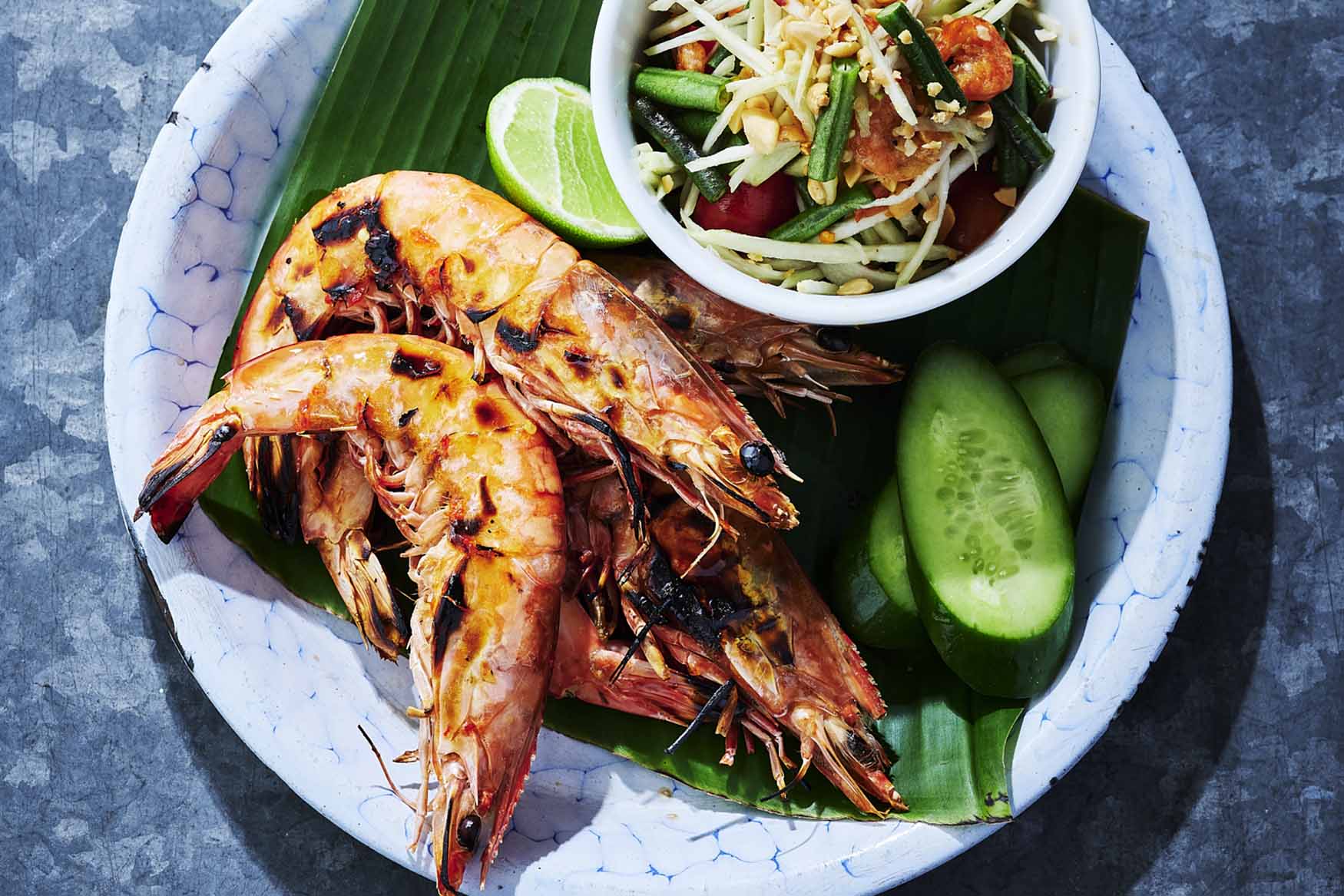 Green Mango Som Tum, Grilled Prawns