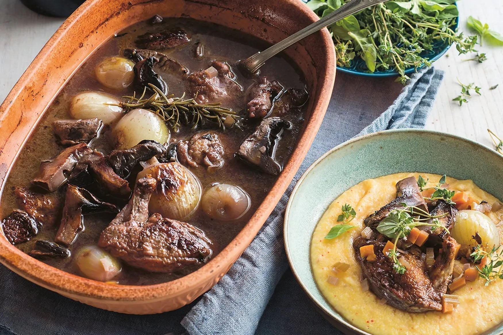 Drunken Spatchcock and Mountain Mushroom Fricassee, Red Corn Polenta