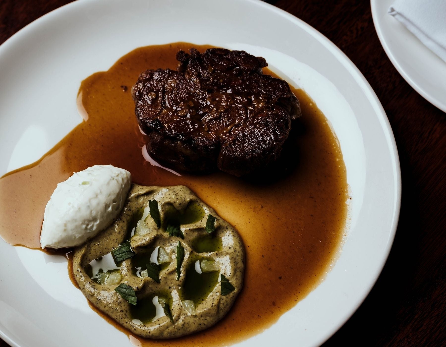 Lamb Shoulder, Charred Zucchini Purée, Labneh