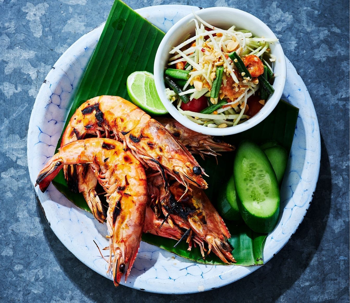 Green Mango Som Tum, Grilled Prawns