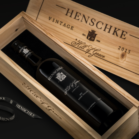 A bottle of Hill of Grace in a locally crafted wooden box